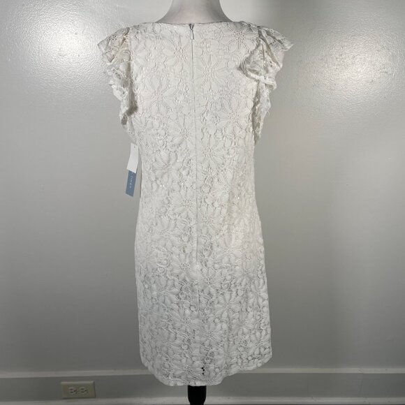 London Times White Crew Neck Floral Lace Short Flutter Sleeves Shift Dress 4 NWT - Picture 9 of 16
